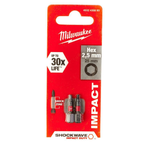 Насадка SHOCKWAVE Hex2,5 25мм 2шт Milwaukee 4932430893 Насадка SHOCKWAVE Hex2,5 25мм 2шт Milwaukee 4932430893