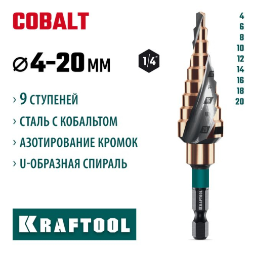 Сверло ступенчатое COBALT 4-20 мм. 9 ступеней, азотирование, KRAFTOOL 29691-4-20-9