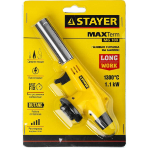 Горелка газовая с пьезоподжигом на баллон с цанговым соед. MaxTerm MG 100, 1300°C, STAYER 55584
