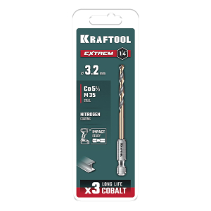 Сверло по металлу для винтовертов IMPACT READY, 3.2х75 мм. НЕХ-1/4, KRAFTOOL Сверло по металлу для винтовертов IMPACT READY, 3.2х75 мм. НЕХ-1/4, KRAFTOOL