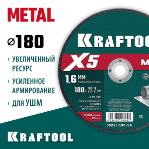 Диск отрезной по металлу X5 Metal для УШМ 180x1.6 мм, KRAFTOOL Диск отрезной по металлу X5 Metal для УШМ 180x1.6 мм, KRAFTOOL