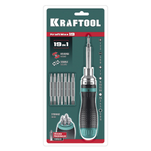 Отвертка реверсивная KraftMax с битами 19в1, KRAFTOOL